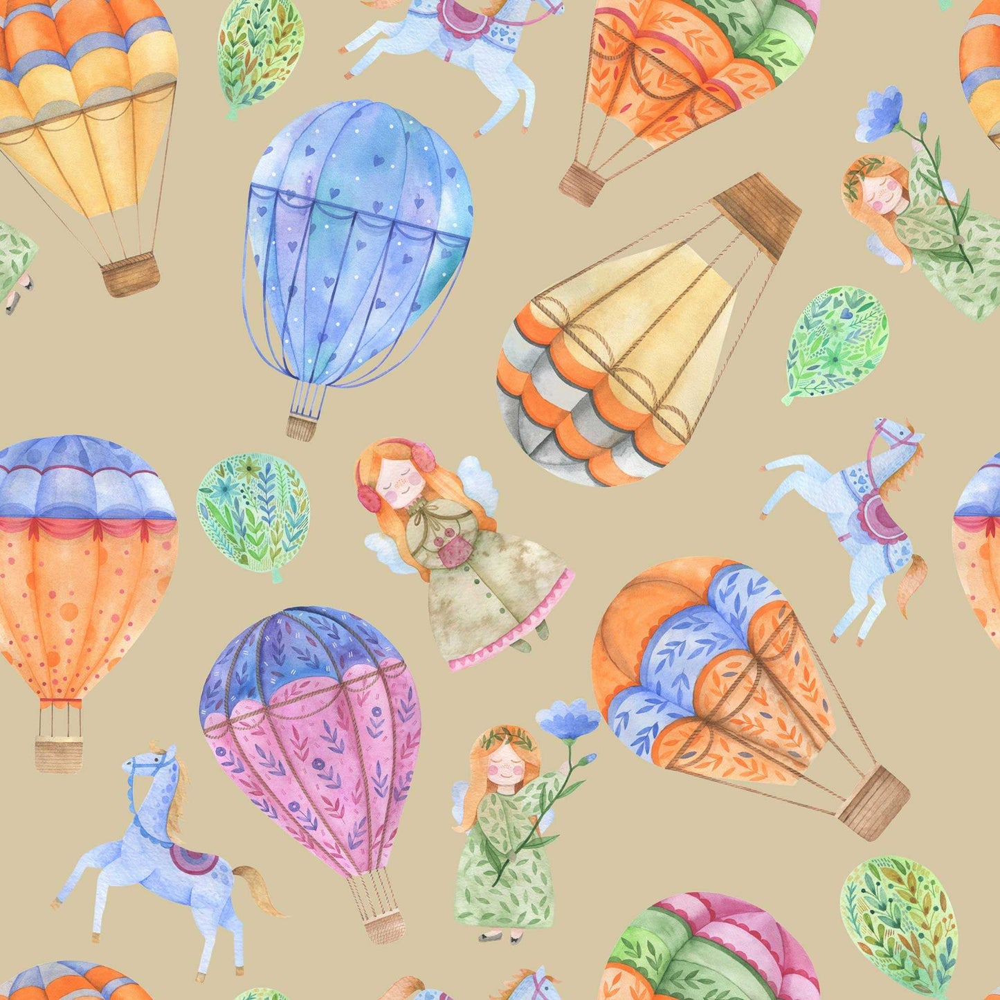 Girls Nursery Wallpaper - Hot Air Balloons Horses Cute Girl with Wings and Flowers in Stone colour