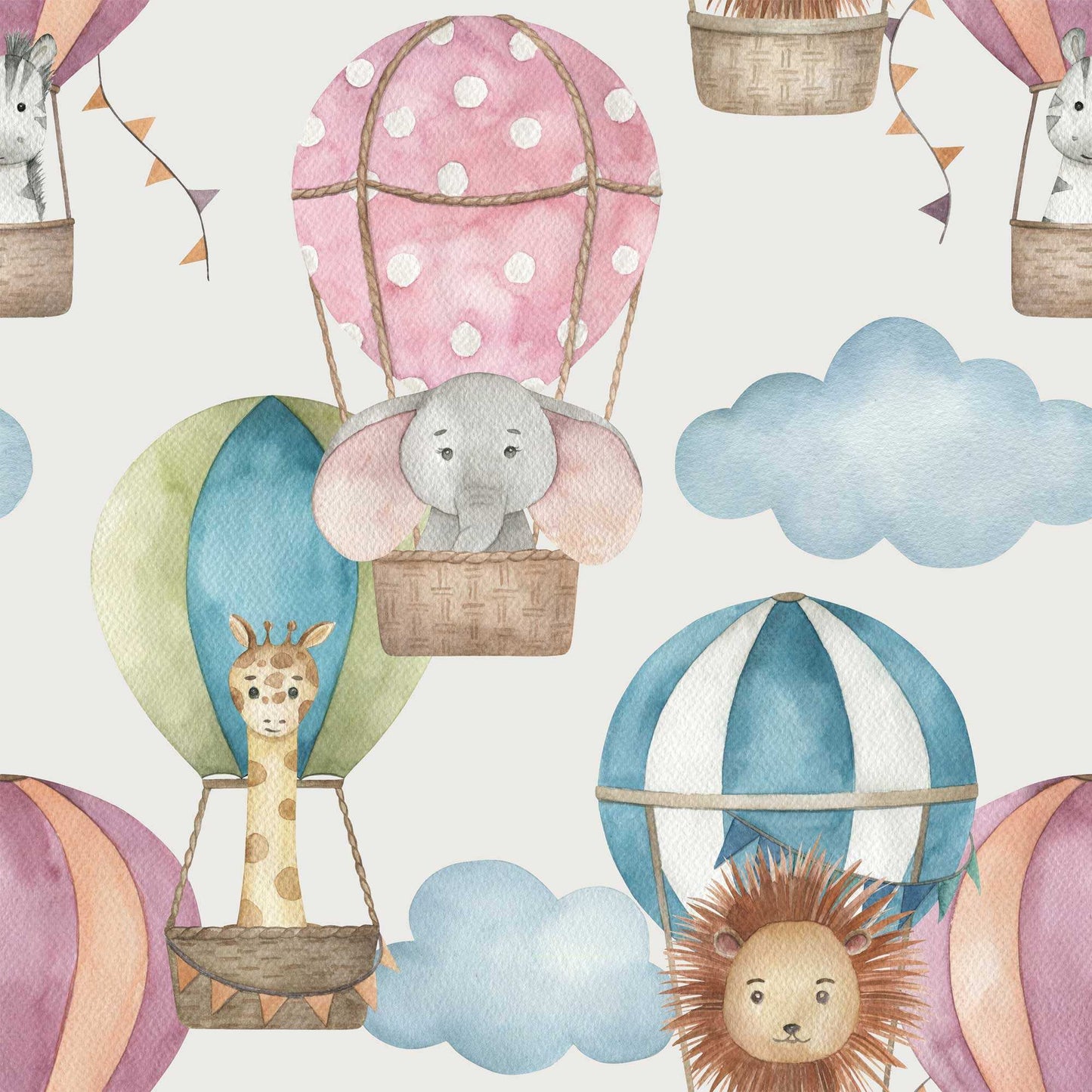 Baby's Bedroom Wallpaper Featuring Hot Air Balloons, fluffy clouds, lions, elephants, zebra's with pale grey background