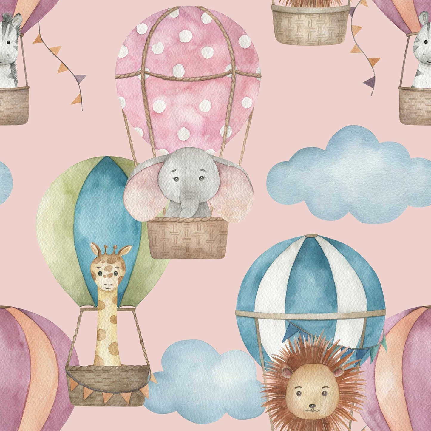 Baby's Bedroom Wallpaper Featuring Hot Air Balloons, fluffy clouds, lions, elephants, zebra's with pink background
