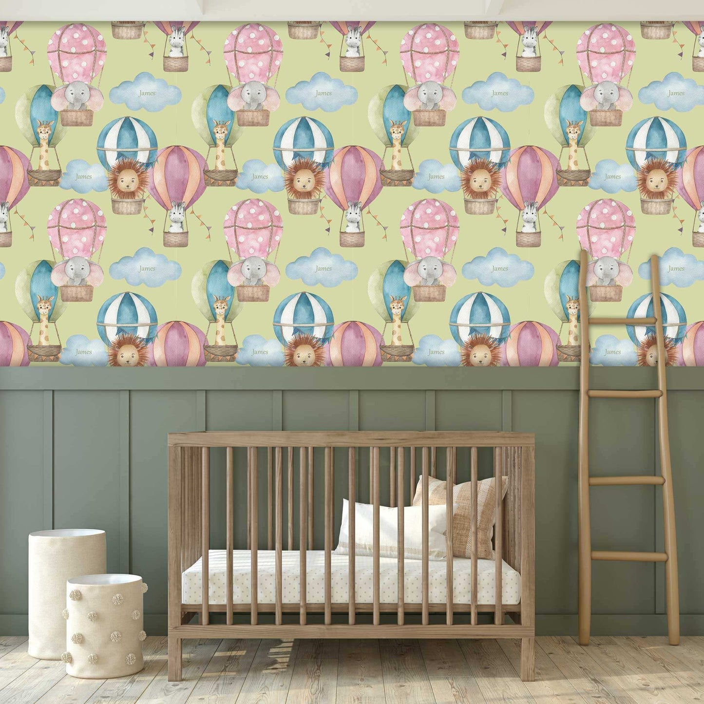 Luxury bespoke personalised children's bedroom wallpaper, with green background featuring hot air balloons, fluffy clouds, adorable lions, elephants, and zebras, perfect for nurseries and playrooms