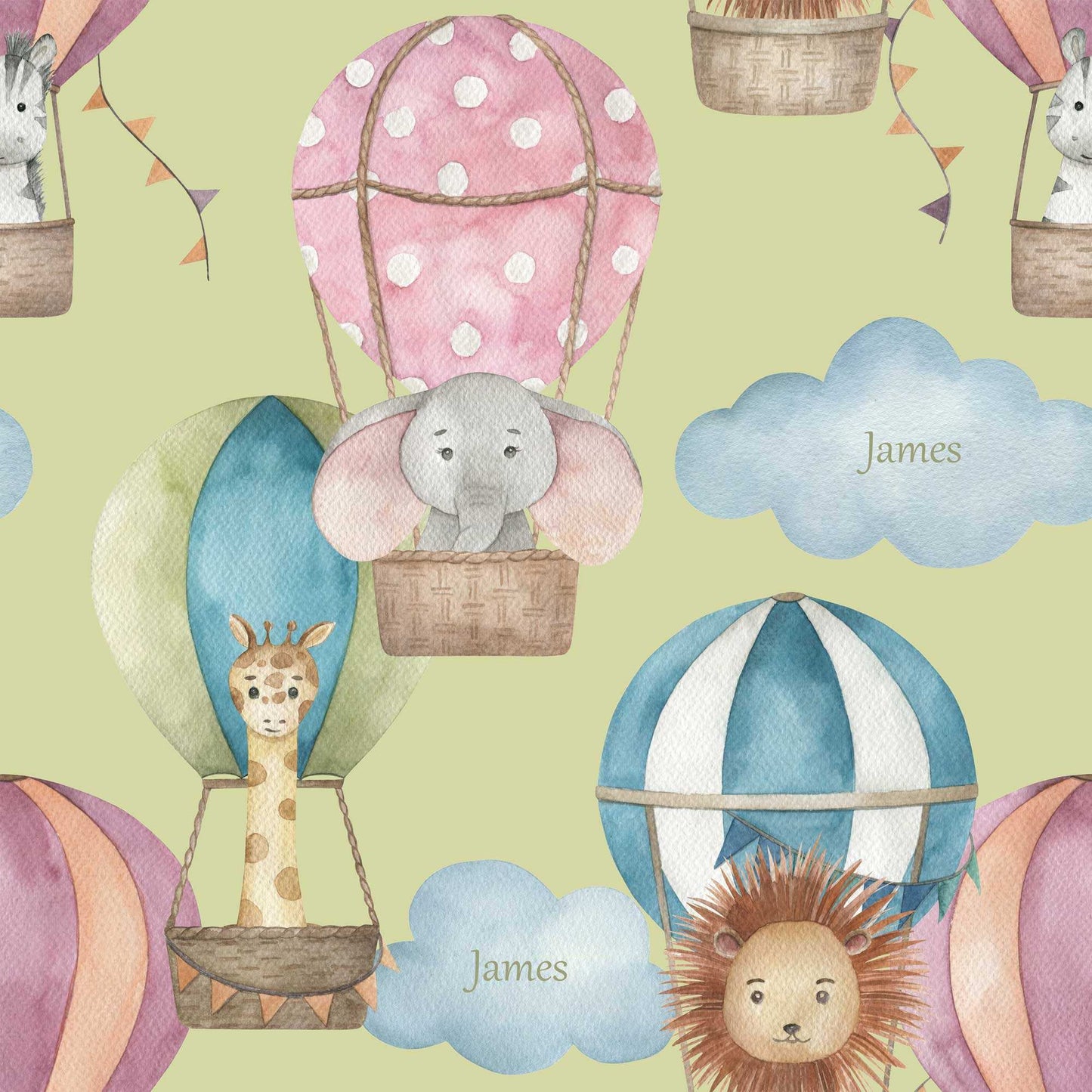 Baby's Bedroom Wallpaper Featuring Hot Air Balloons, fluffy clouds, lions, elephants, zebra's with green background