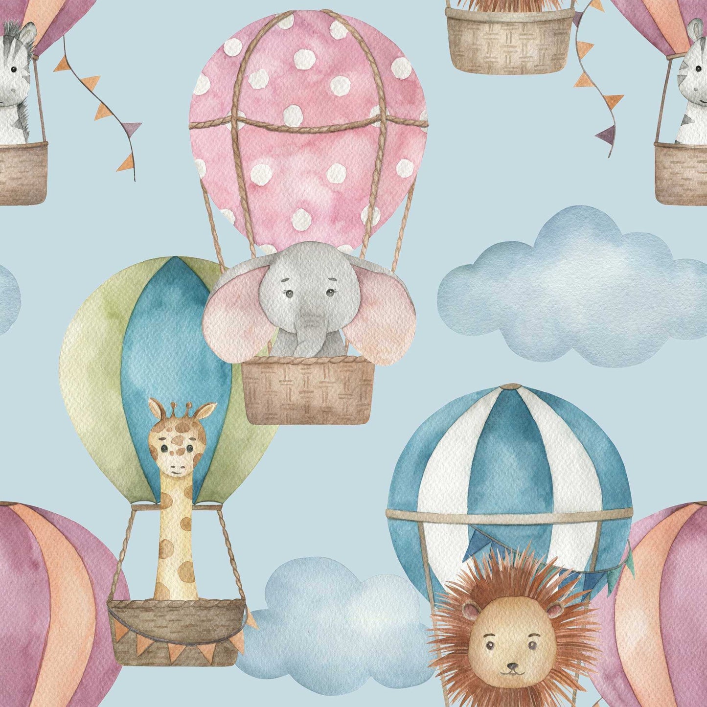 Baby's Bedroom Wallpaper Featuring Hot Air Balloons, fluffy clouds, lions, elephants, zebra's with pale blue background