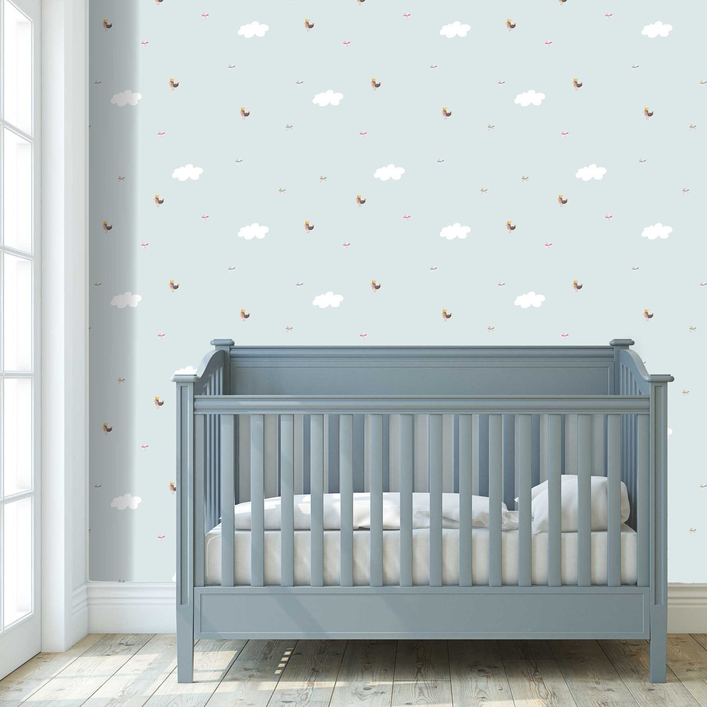 Room Design Nursery Wallpaper with Cute Birds in Golden Crowns and Fluffy Clouds.