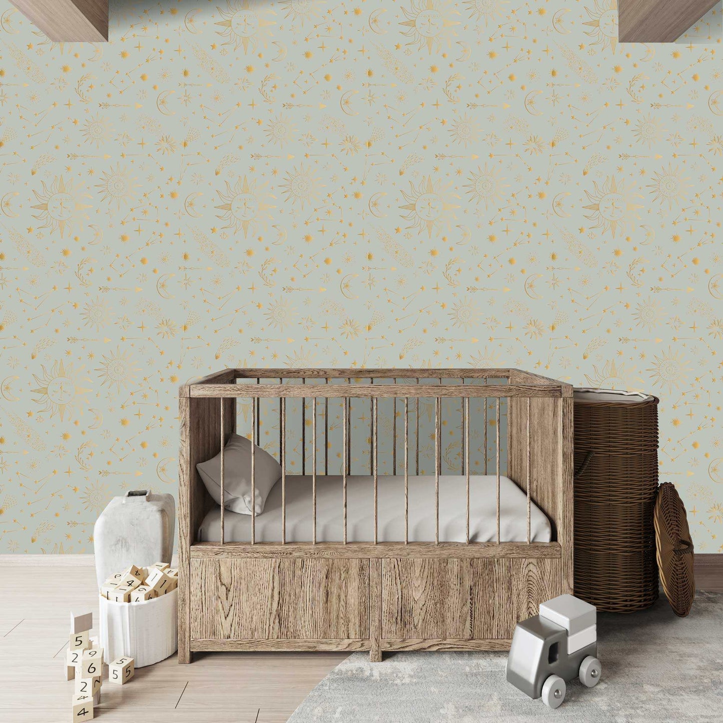 Wallpaper Shooting Stars Moons Sundials Childrens Bespoke Wallpaper pale green grey Bedroom