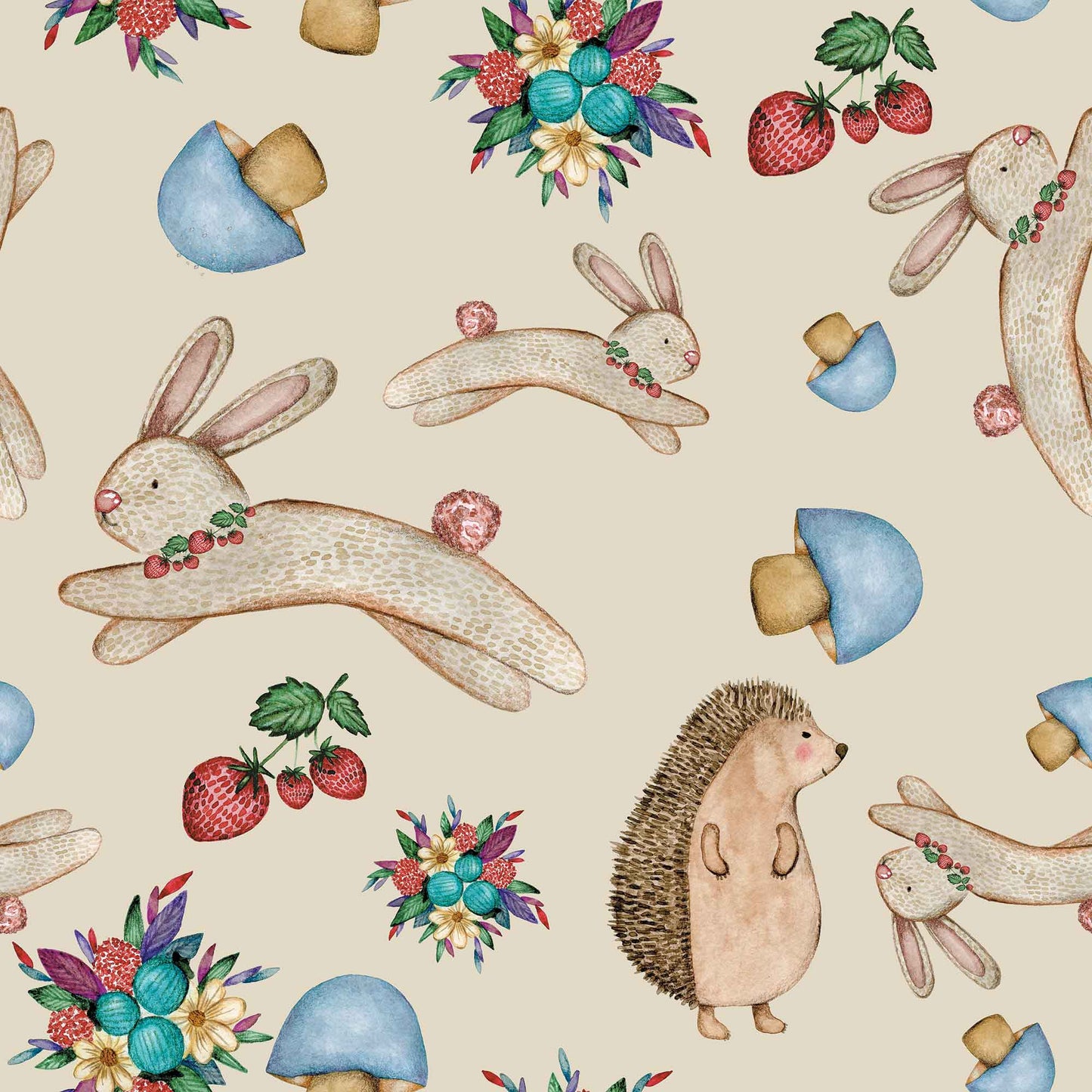 Babies Bunny Wallpaper Rabbit Hedgehog Flower Mushroom Personalised in warm beige