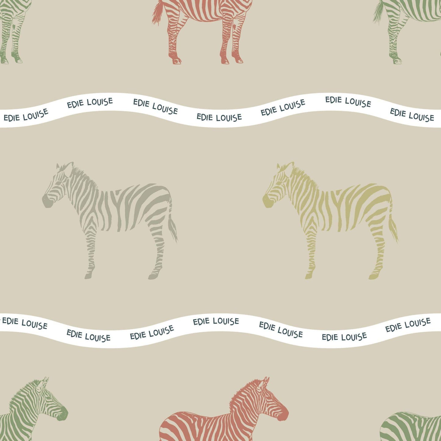 Green and Terracotta Zebra Wallpaper Personalised, Colourful African Zebra, Kids Wallpaper.