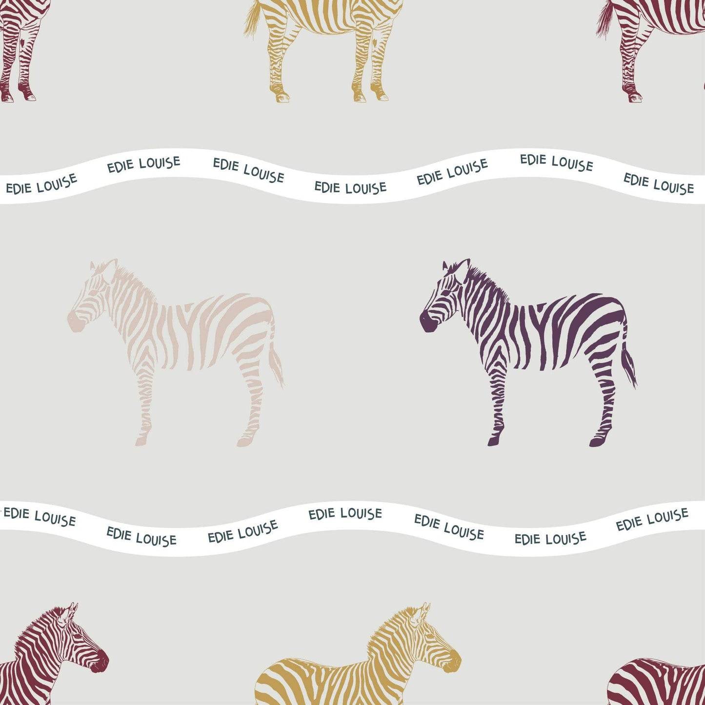 Grey Pink Zebra Safari Wallpaper Personalised, Colourful African Zebra, Kids Wallpaper.