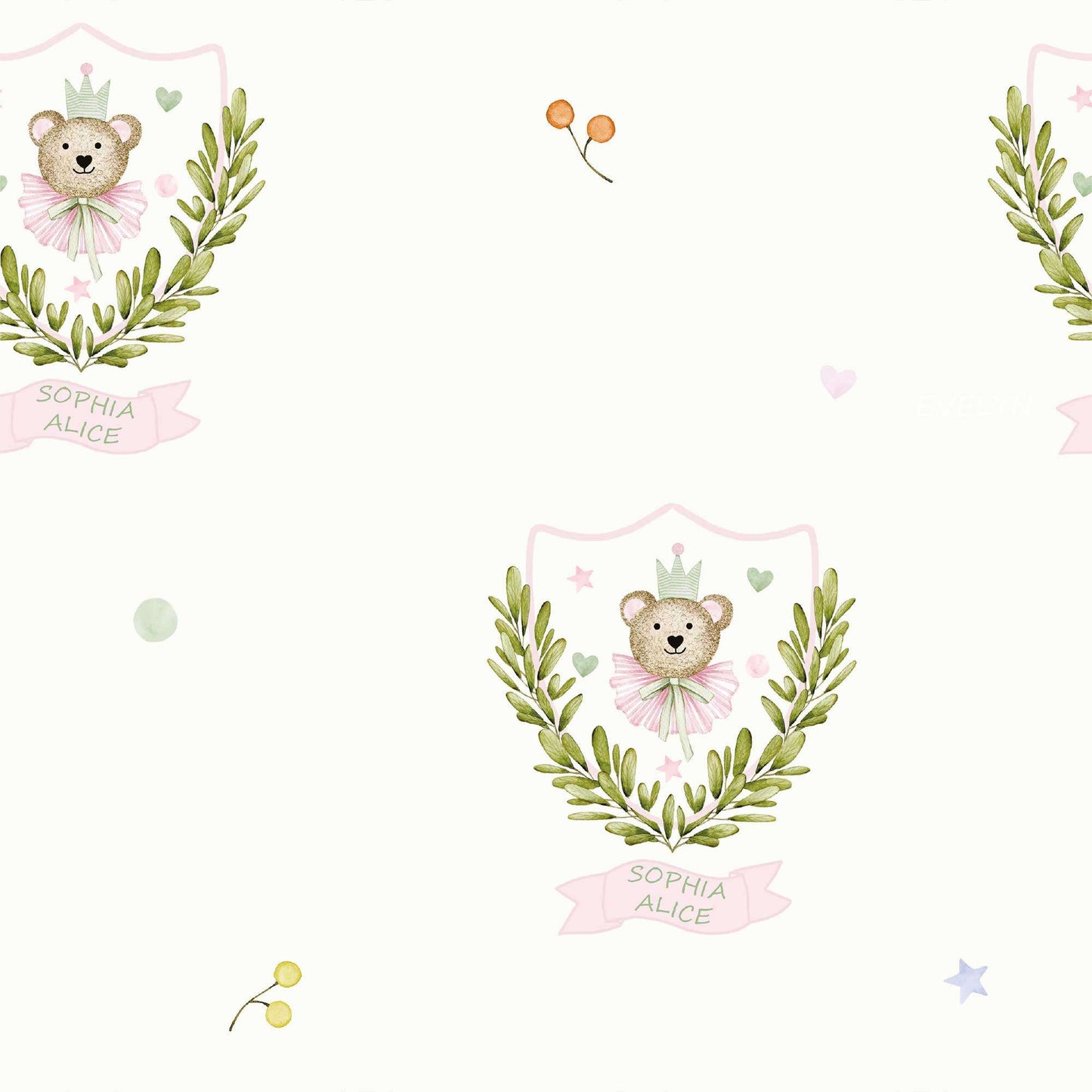 Pink Childrens Bedroom Wallpaper Personalised Heritage Bear with luscious leaves and topped with a whimsical Crown