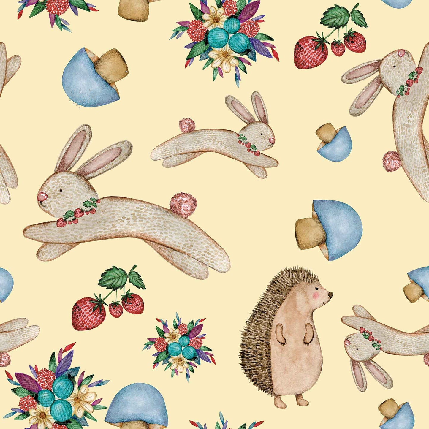 Babies Bunny Wallpaper Rabbit Hedgehog Flower Mushroom Personalised in Pale Yellow