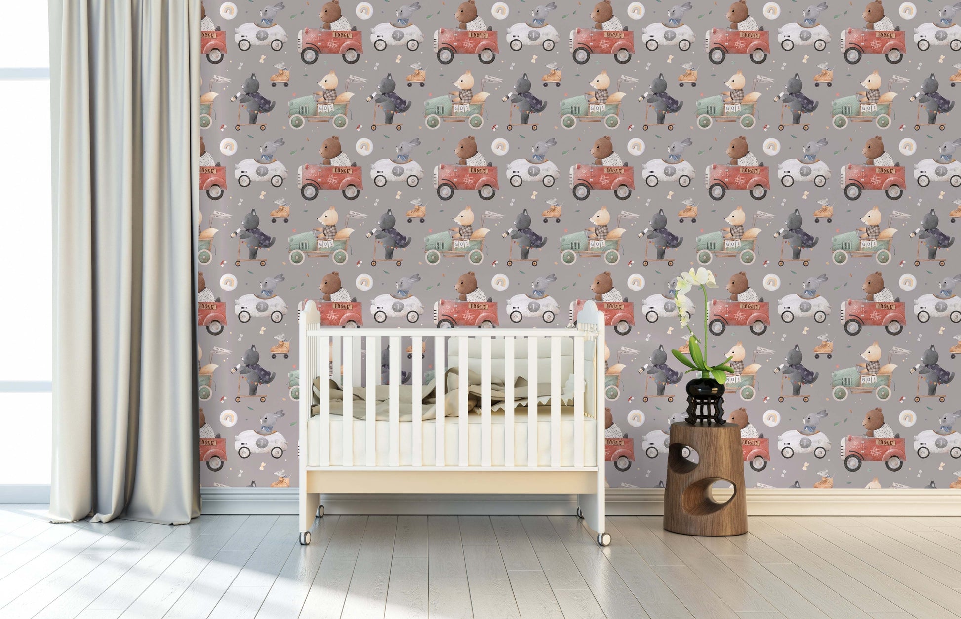 Bedroom Wallpaper for Kids Animals Bears Racing Cars Bunnies and Cats. Bedroom image