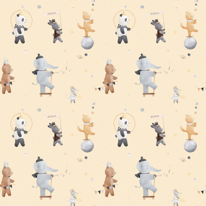 Beige Kids Bedroom Wallpaper Circus Polar Bears Elephants Cats Mice and Bears