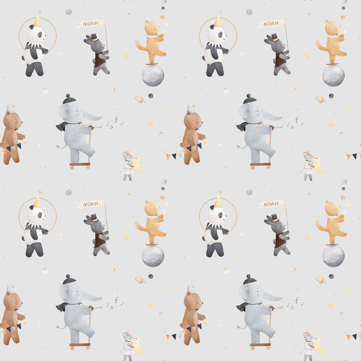 Grey background Kids Bedroom Wallpaper Circus Polar Bears Elephants Cats Mice and Bears