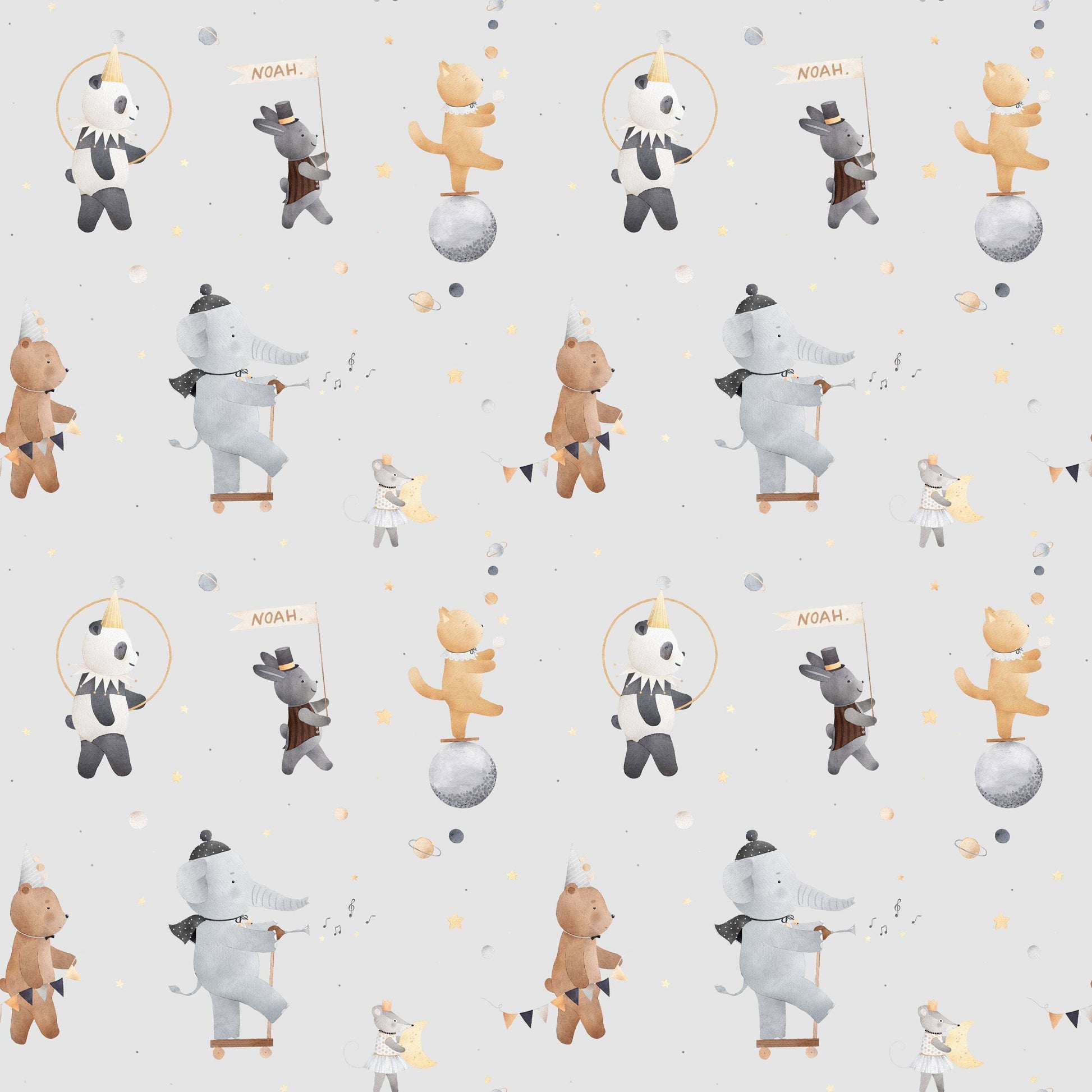 Grey background Kids Bedroom Wallpaper Circus Polar Bears Elephants Cats Mice and Bears