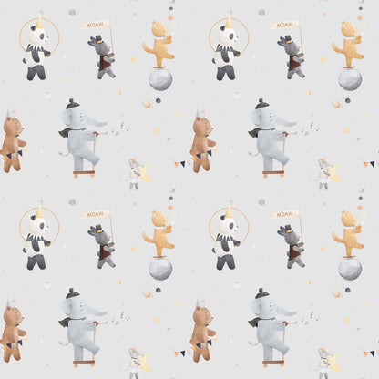 Grey background Kids Bedroom Wallpaper Circus Polar Bears Elephants Cats Mice and Bears
