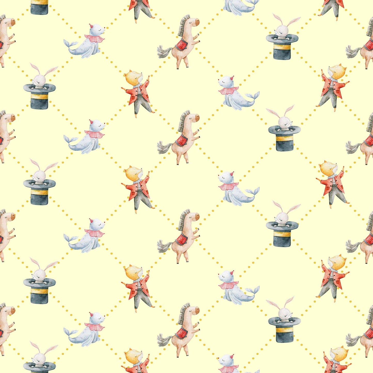 Pale yellow Kids Wallpaper Horses, Rabbits, Bears and Sea Lions Bedroom Wallpaper.