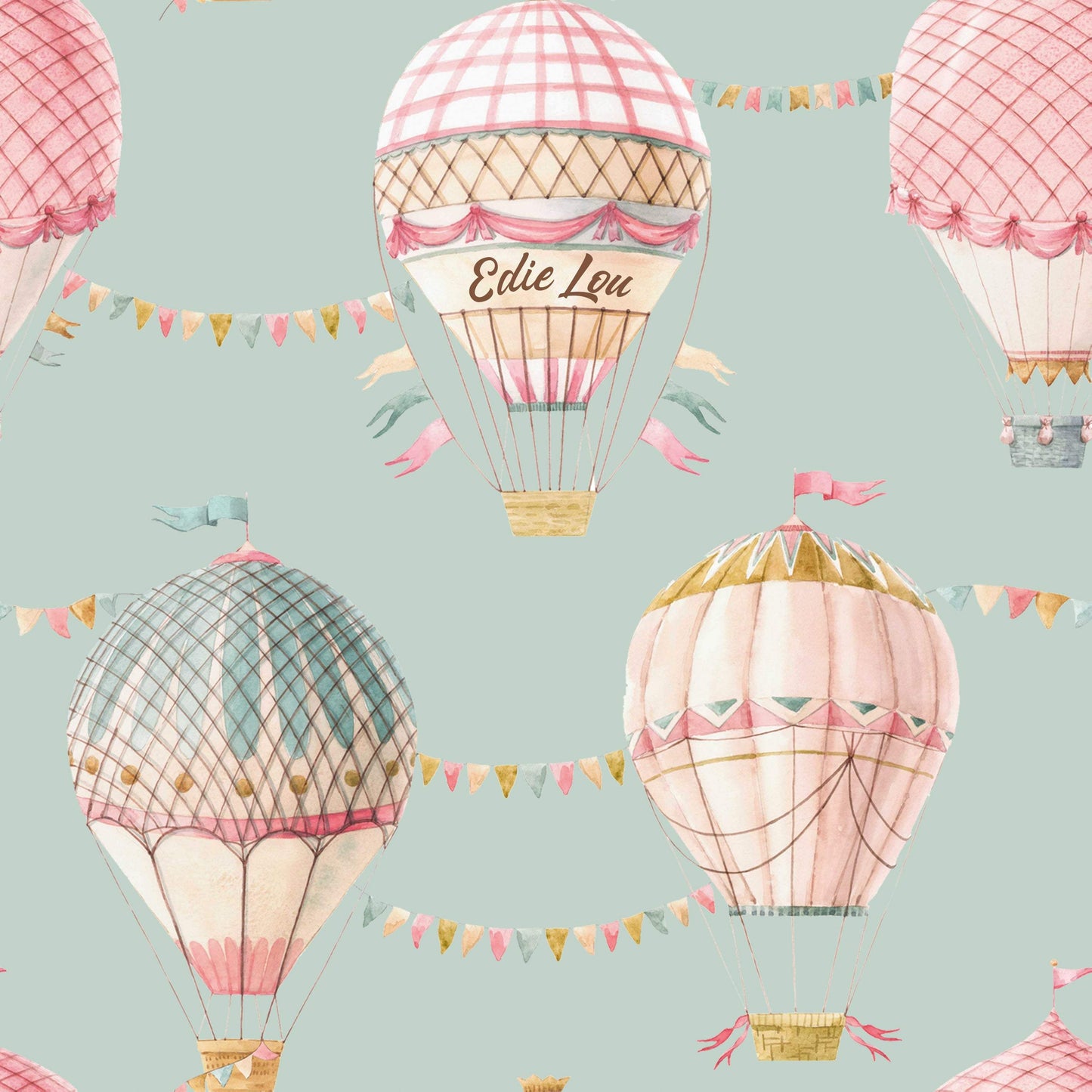 Babies Bedroom Wallpaper Beautiful Pastel coloured Hot Air Balloons. In pastel green background 