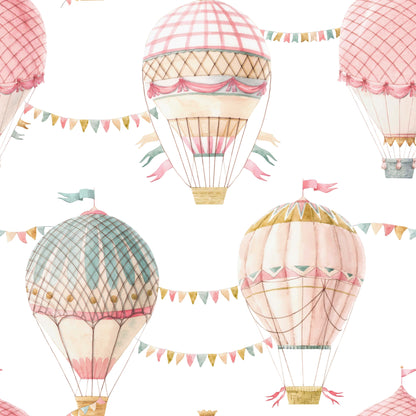 Babies Bedroom Wallpaper Beautiful Pastel coloured Hot Air Balloons. In ice white  background 