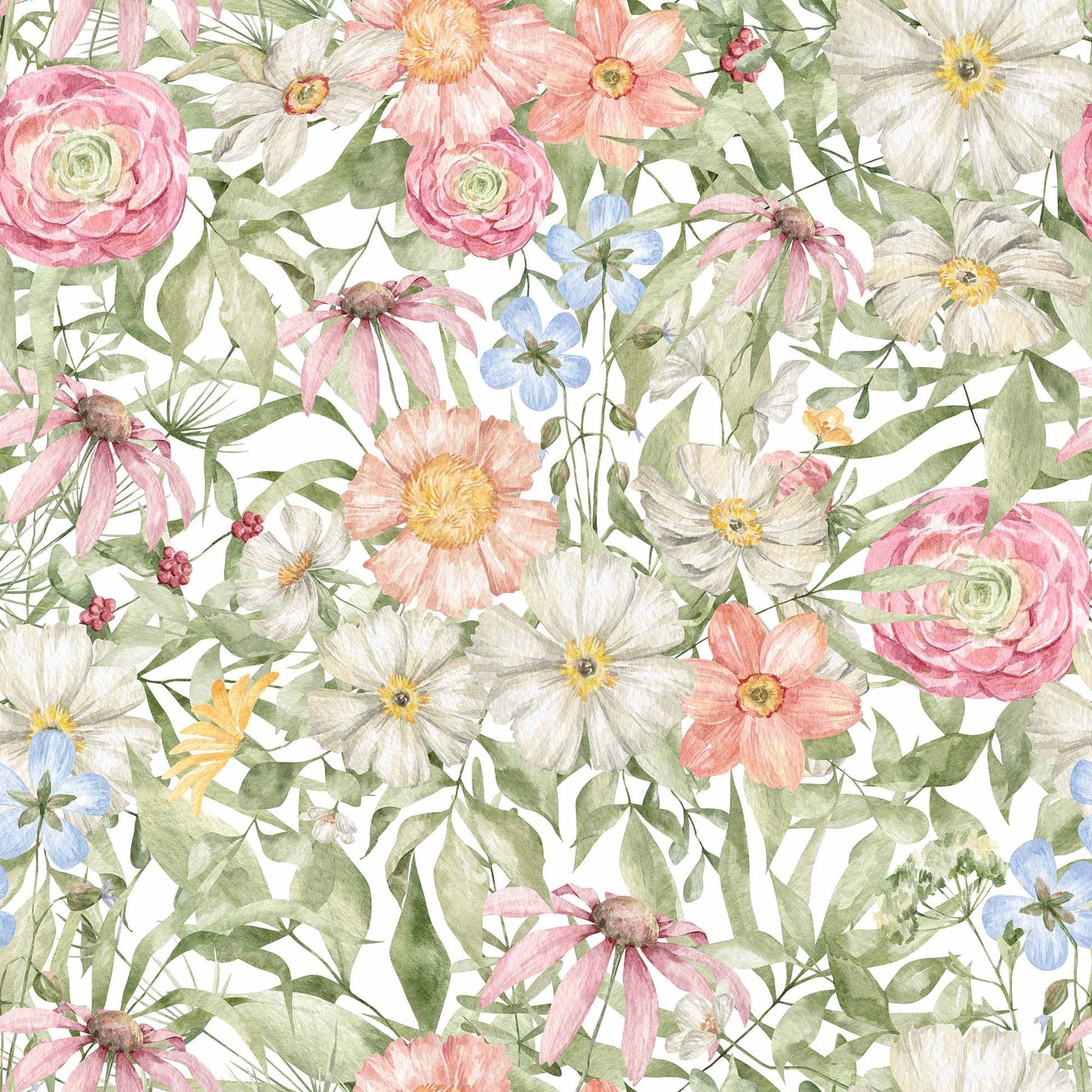 Flower Wallpaper - Country Flowers in  Pinks, Blue Creams and Yellows.