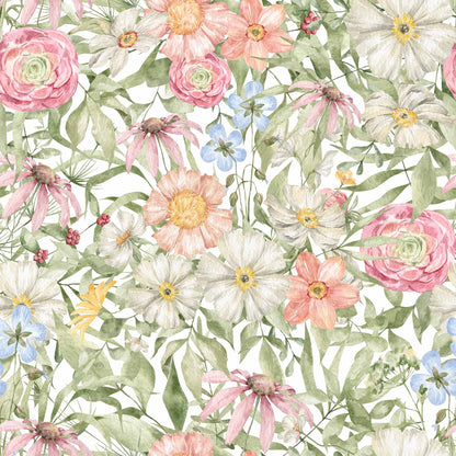 Flower Wallpaper - Country Flowers in  Pinks, Blue Creams and Yellows.