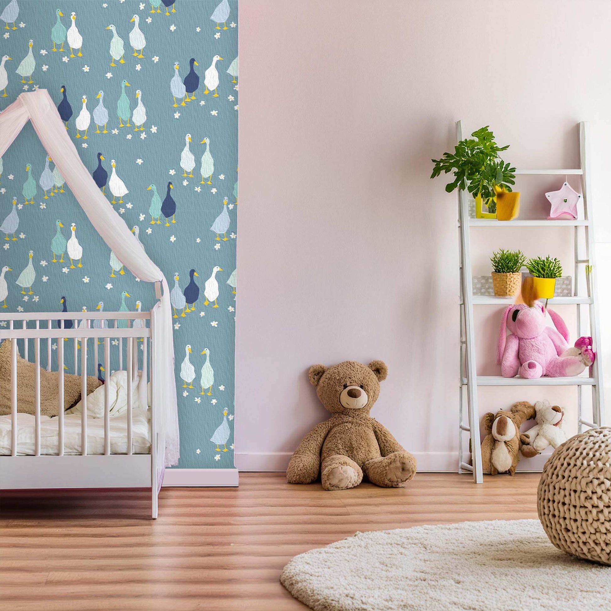  Room set design Blue Babies nursery wallpaper with cute colourful ducks and flowers 