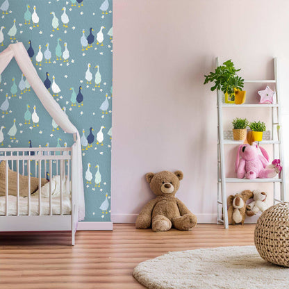  Room set design Blue Babies nursery wallpaper with cute colourful ducks and flowers 