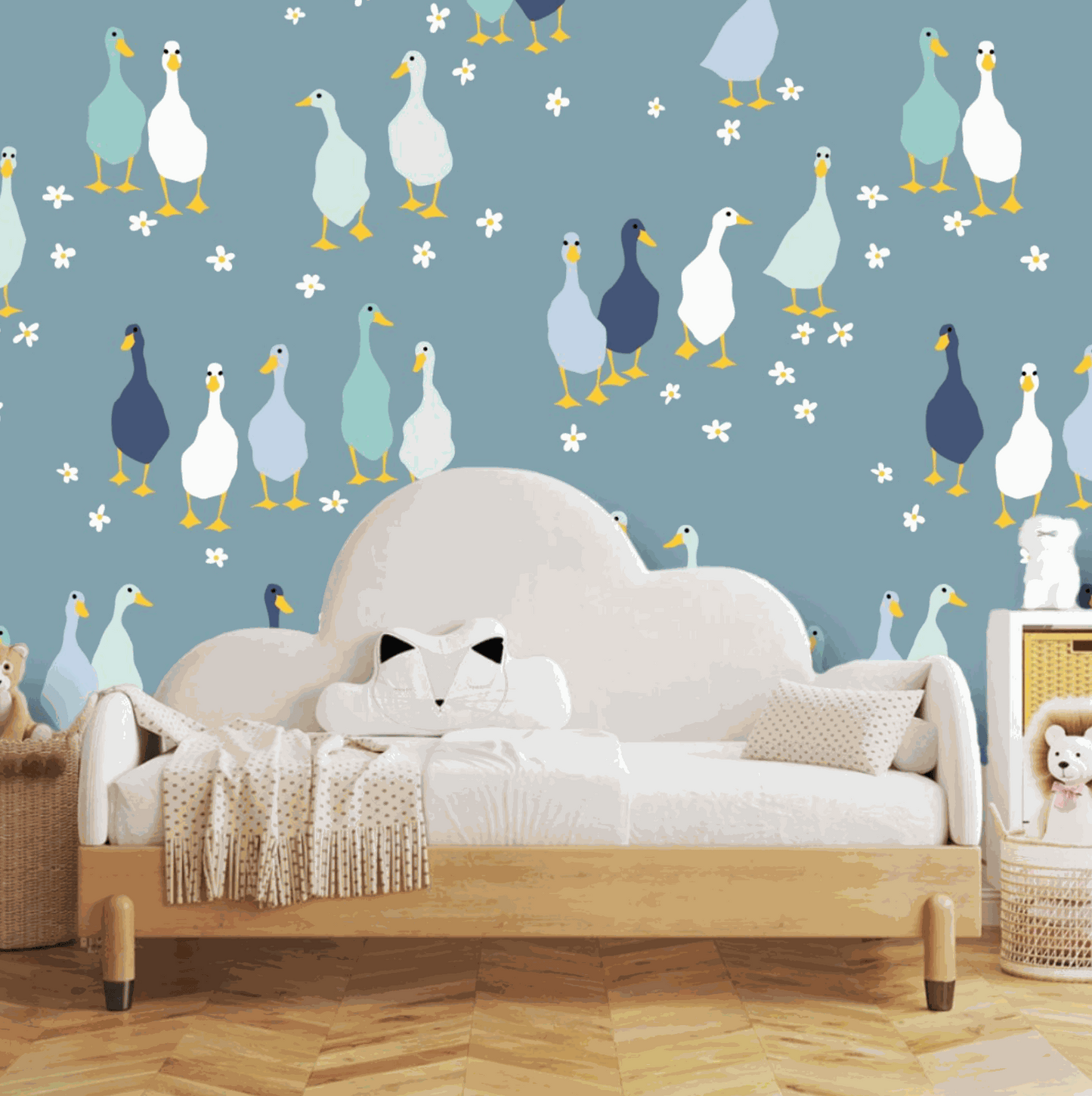 Bedroom idea Blue Babies nursery wallpaper with cute colourful ducks and flowers 