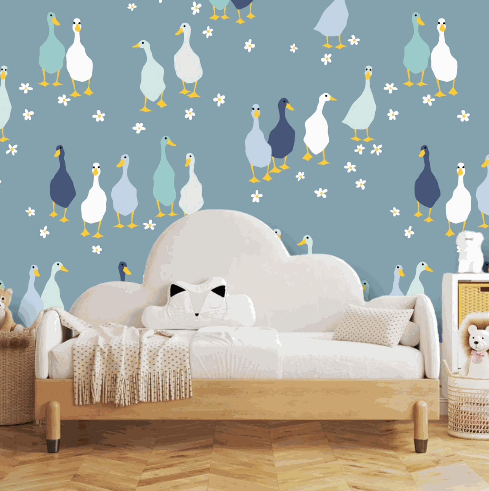 Bedroom idea Blue Babies nursery wallpaper with cute colourful ducks and flowers 