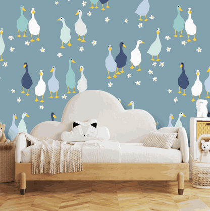 Bedroom idea Blue Babies nursery wallpaper with cute colourful ducks and flowers 