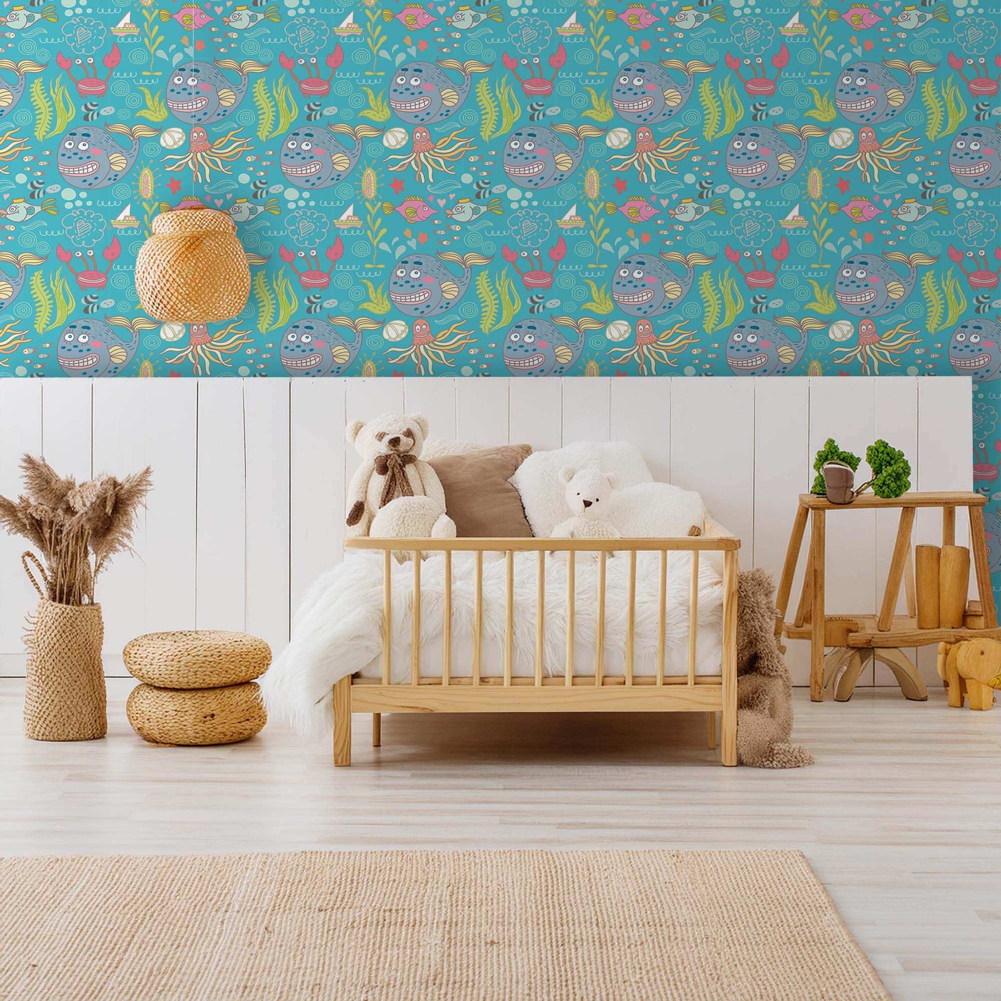 Kids Wallpaper Sea Creatures Cool Fish, Crabs, Jellyfish and Starfish Bedroom Idea 