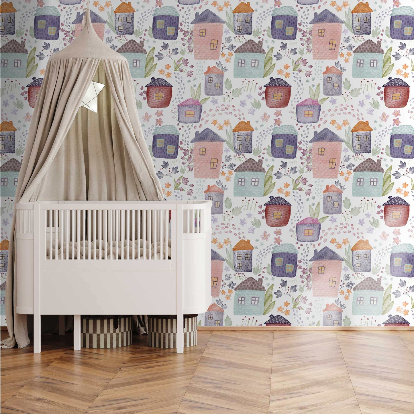 Childrens Wallpaper Cute Houses Colourful Little Houses Flowers Leaves  Room Idea 