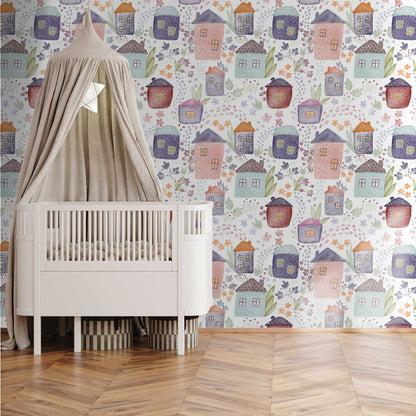Childrens Wallpaper Cute Houses Colourful Little Houses Flowers Leaves  Room Idea 
