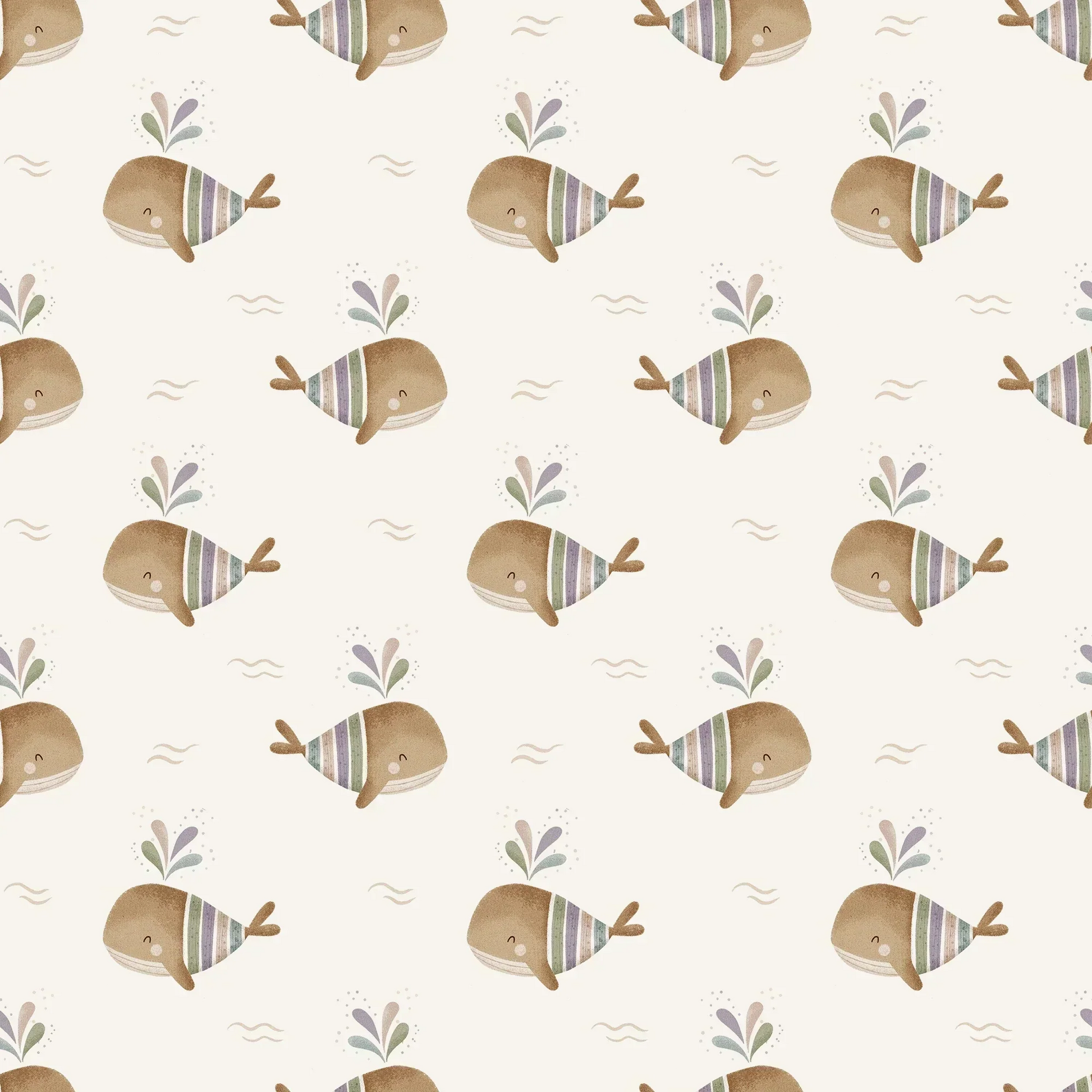 Green Kids Bespoke Whale Wallpaper Colorful Cute Family Baby Whales, Swimming in the sea.