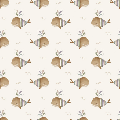 Green Kids Bespoke Whale Wallpaper Colorful Cute Family Baby Whales, Swimming in the sea.