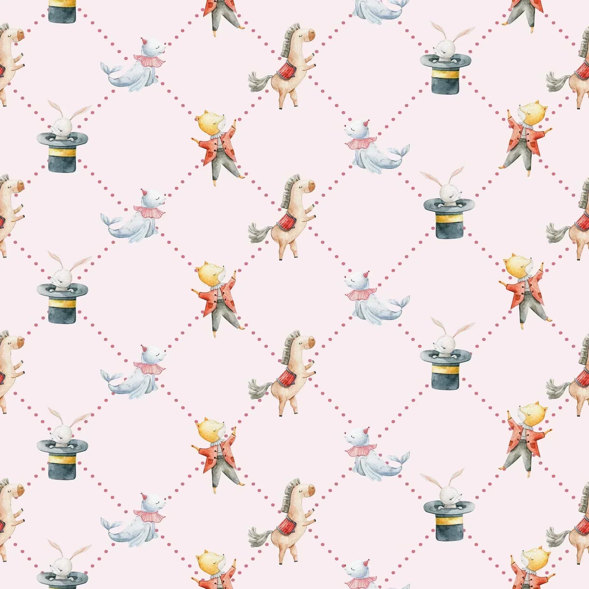 Pale pink Kids Wallpaper Horses, Rabbits, Bears and Sea Lions Bedroom Wallpaper.