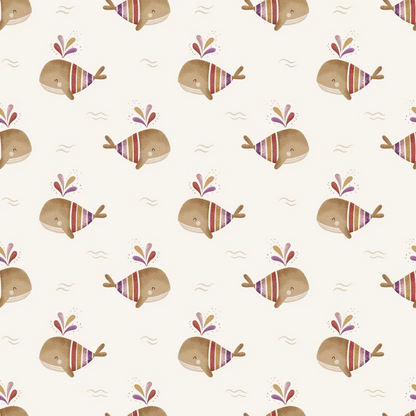Ruby Red Kids Bespoke Whale Wallpaper Colorful Cute Family Baby Whales, Swimming in the sea.