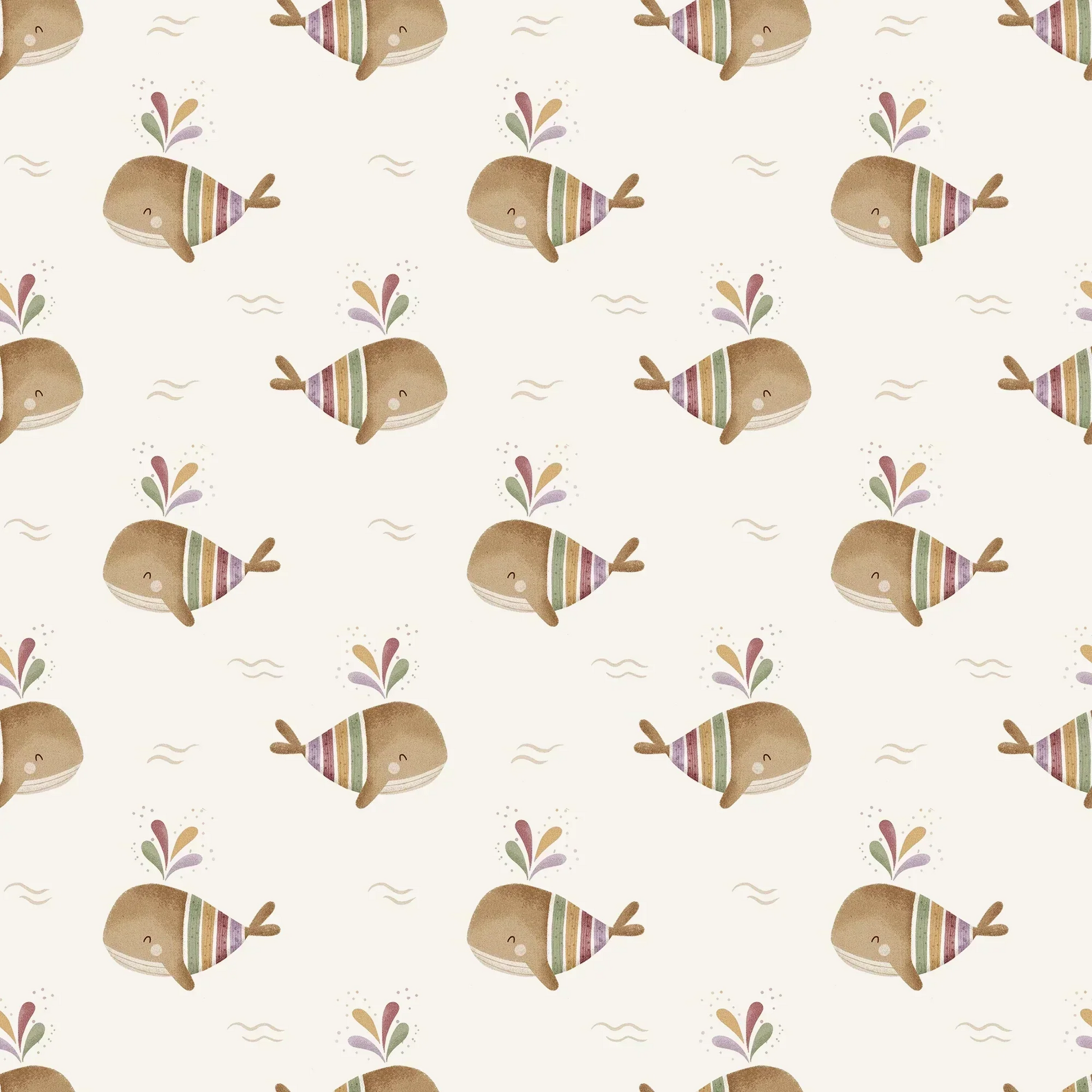 Purple Kids Bespoke Whale Wallpaper Colorful Cute Family Baby Whales, Swimming in the sea.