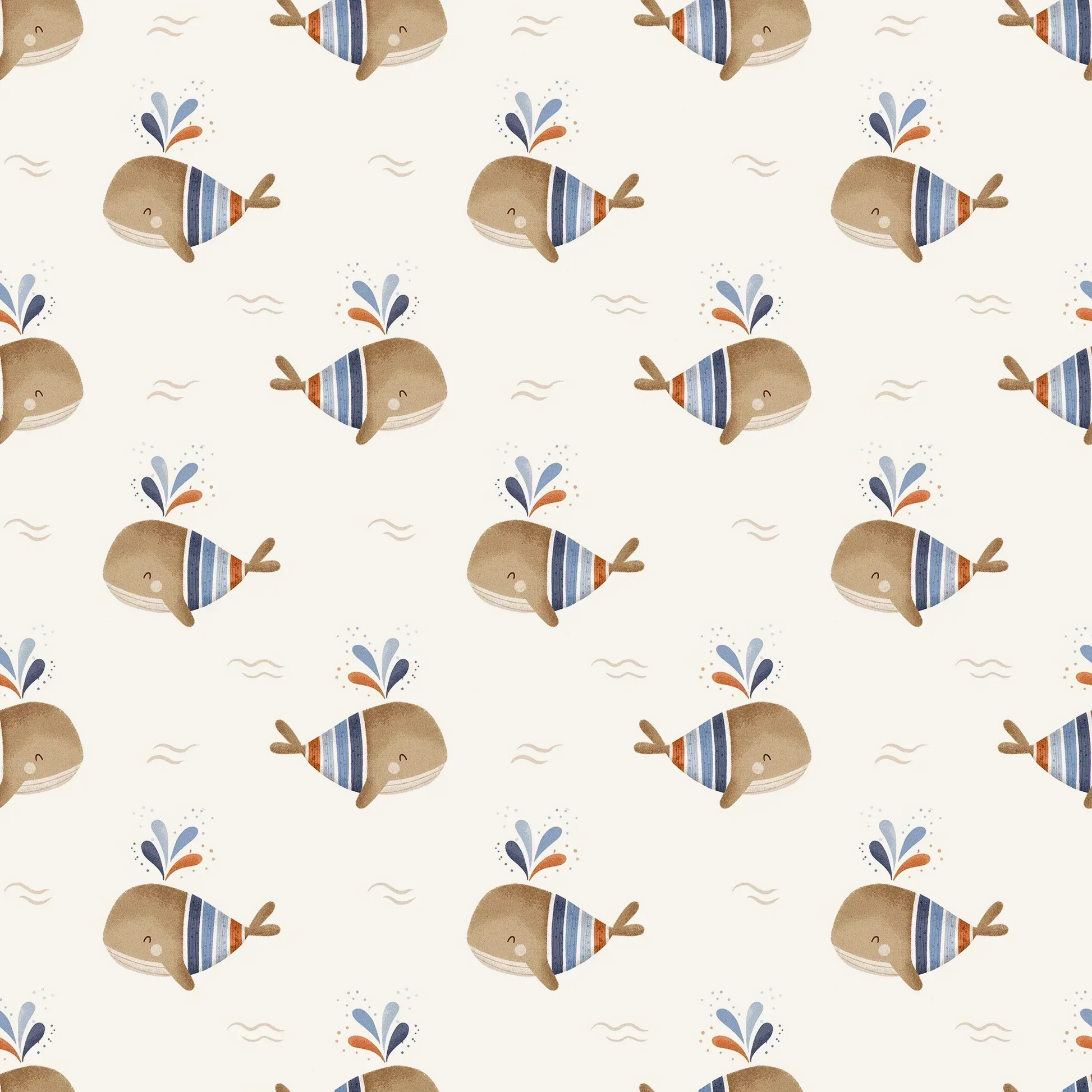Blue Kids Bespoke Whale Wallpaper Colorful Cute Family Baby Whales, Swimming in the sea.