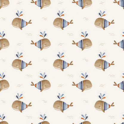 Blue Kids Bespoke Whale Wallpaper Colorful Cute Family Baby Whales, Swimming in the sea.