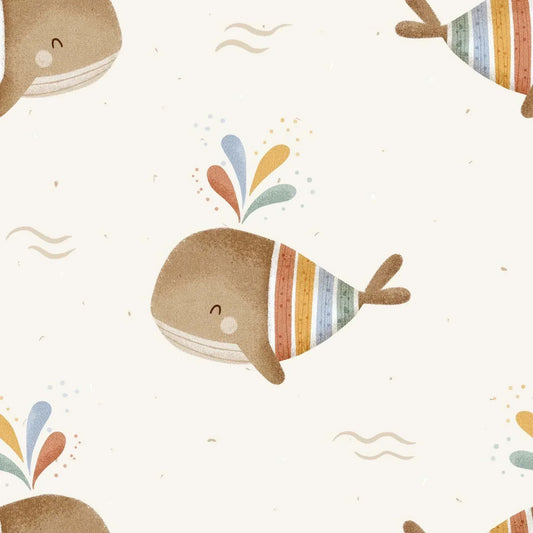 Main Kids Bespoke Whale Wallpaper Colorful Cute Family Baby Whales, Swimming in the sea.
