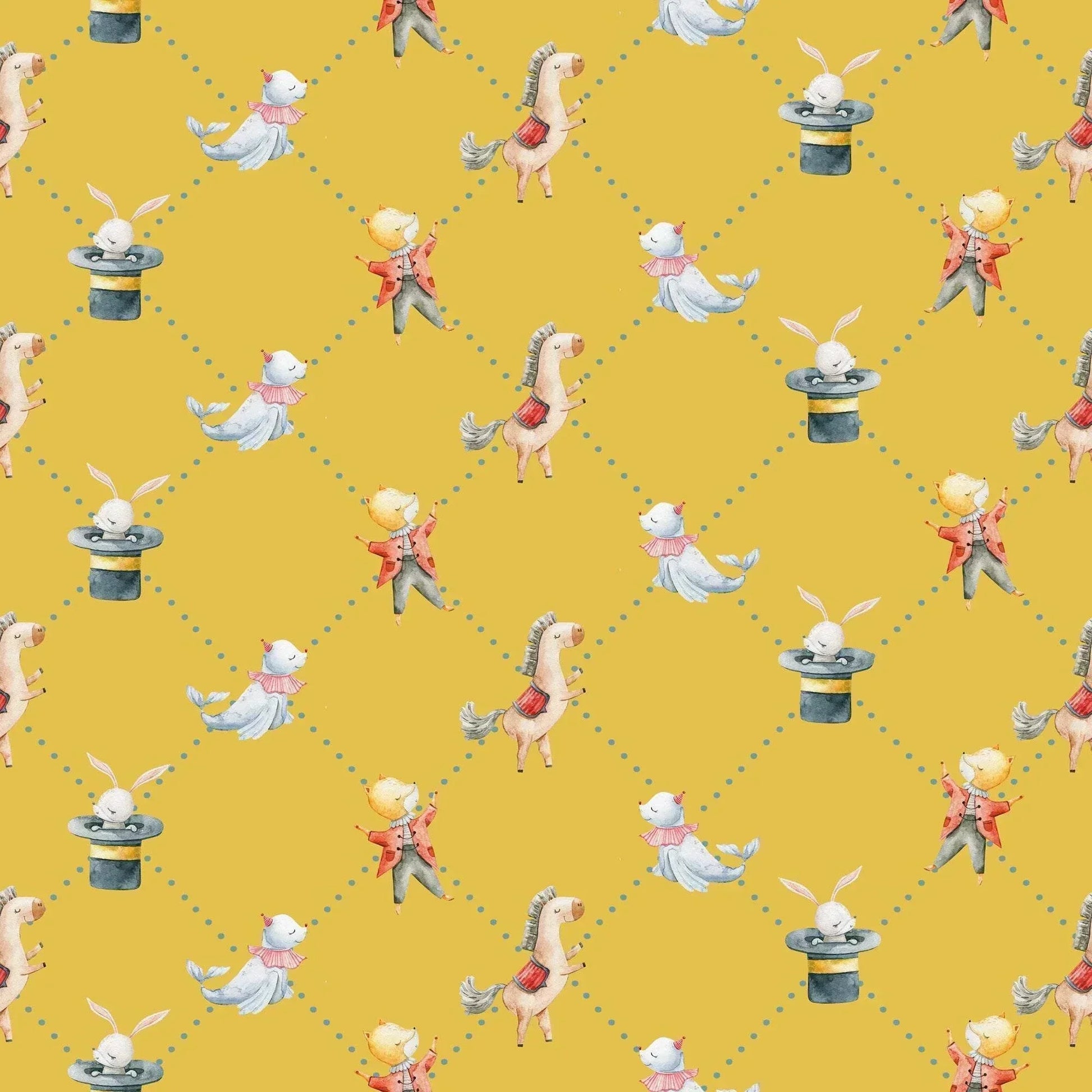 Yellow Kids Wallpaper Horses, Rabbits, Bears and Sea Lions Bedroom Wallpaper.