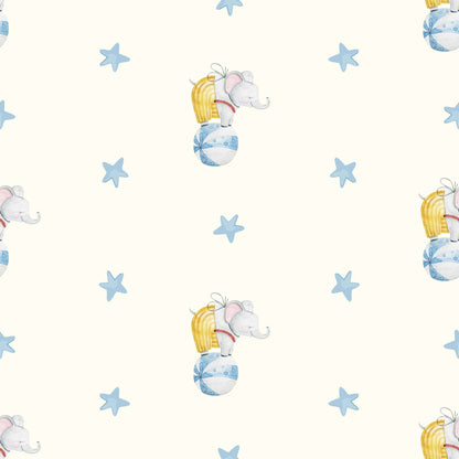 Baby Elephant Wallpaper - Circus Ball, Striped Trousers and Cute Ears. Sky Blue