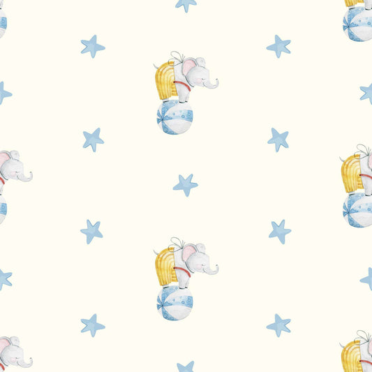 Baby Elephant Wallpaper - Circus Ball, Striped Trousers and Cute Ears. Sky Blue