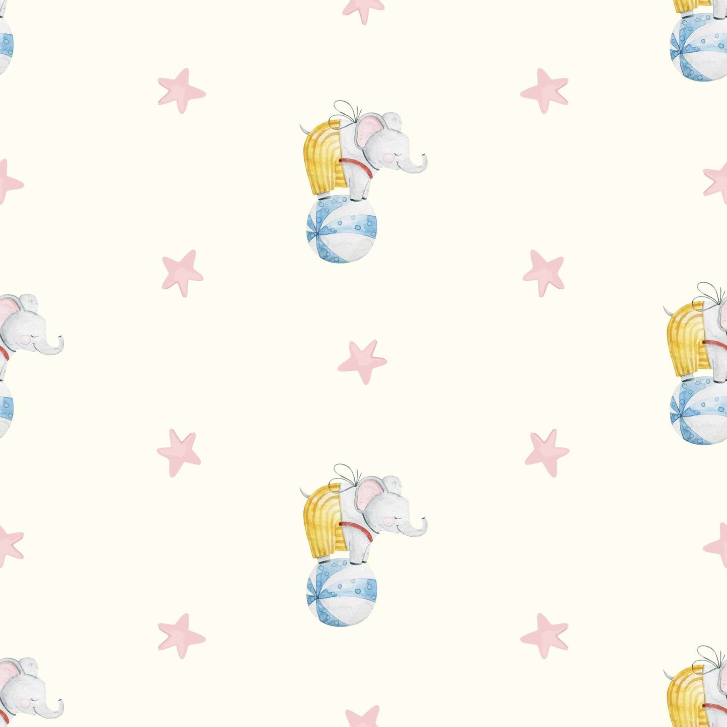 Baby Elephant Wallpaper - Circus Ball, Striped Trousers and Cute Ears. Dusky Pin