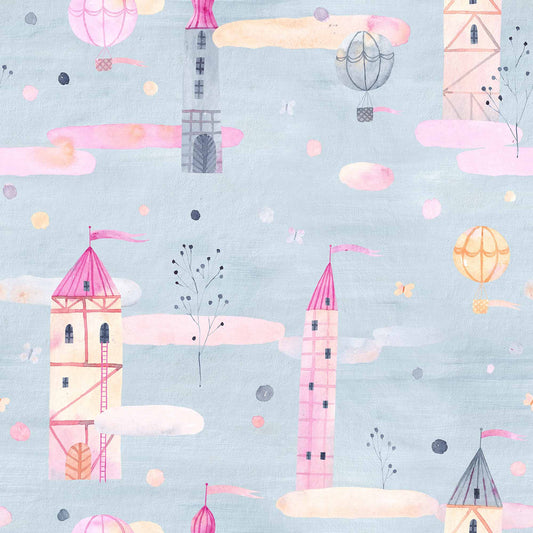 Baby Girls Bedroom Wallpaper Fairytale Wallpaper Castles, Floating Balloons in Pinks, Blues, Creams