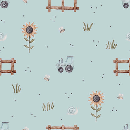 Farmyard Wallpaper - Super Tractor, Buzzing Bees, Flowers and Snails Blue