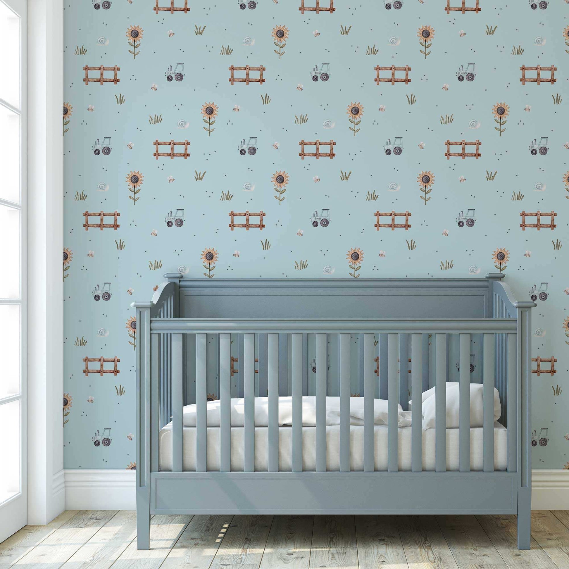 Farmyard Wallpaper - Super Tractor, Buzzing Bees, Flowers and Snails. Room Set