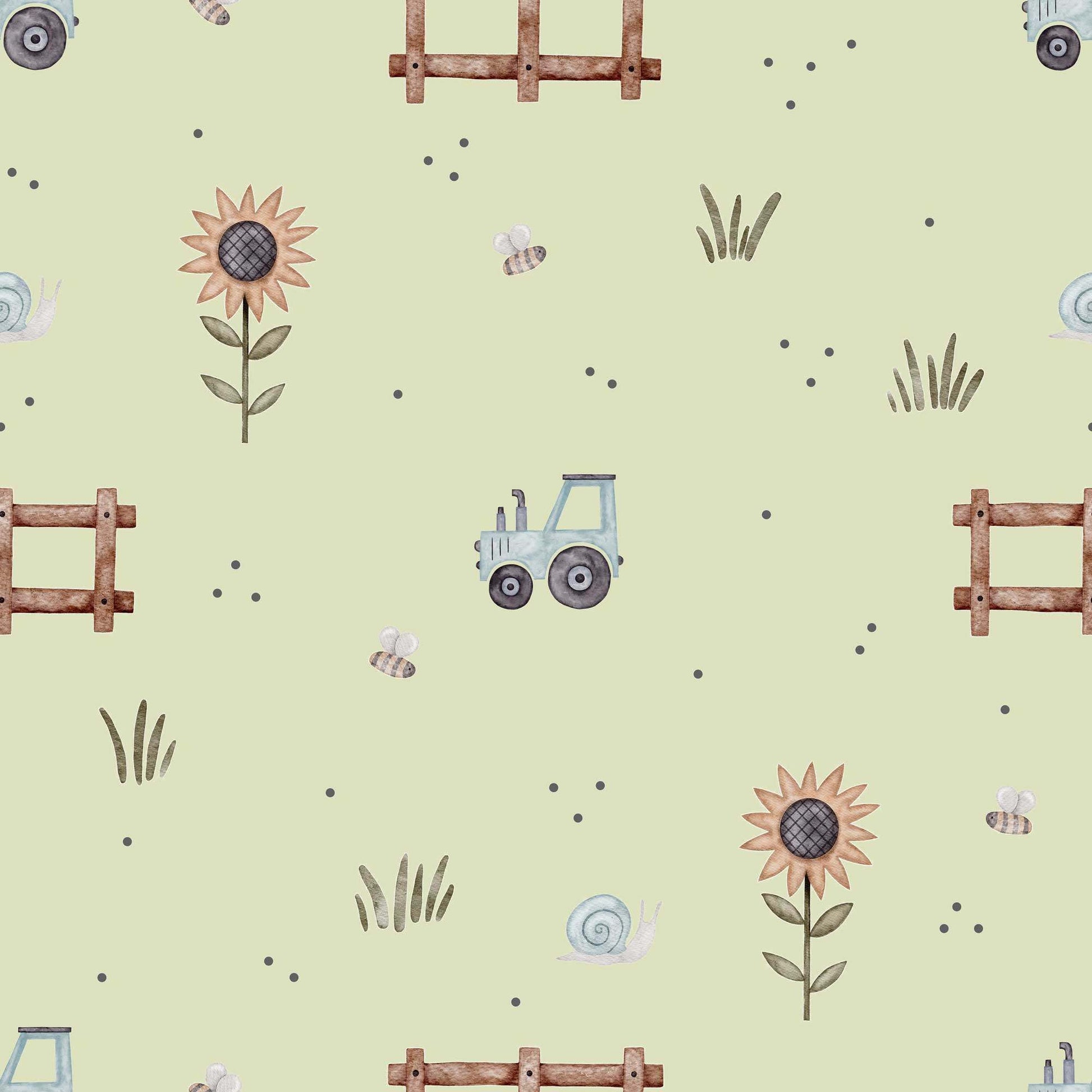 Farmyard Wallpaper - Super Tractor, Buzzing Bees, Flowers and Snails. Green