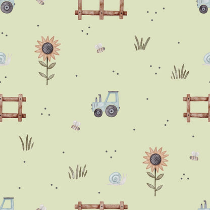 Farmyard Wallpaper - Super Tractor, Buzzing Bees, Flowers and Snails. Green