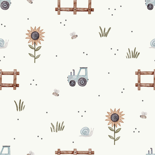 Farmyard Wallpaper - Super Tractor, Buzzing Bees, Flowers and Snails. Ivory