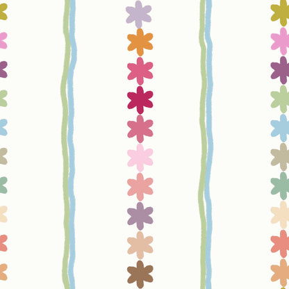 Childrens Bedroom Wallpaper Cute Colourful Flowers with Super Stripes blue